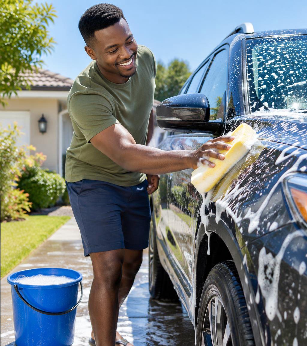 Person washing a car with foam shampoo