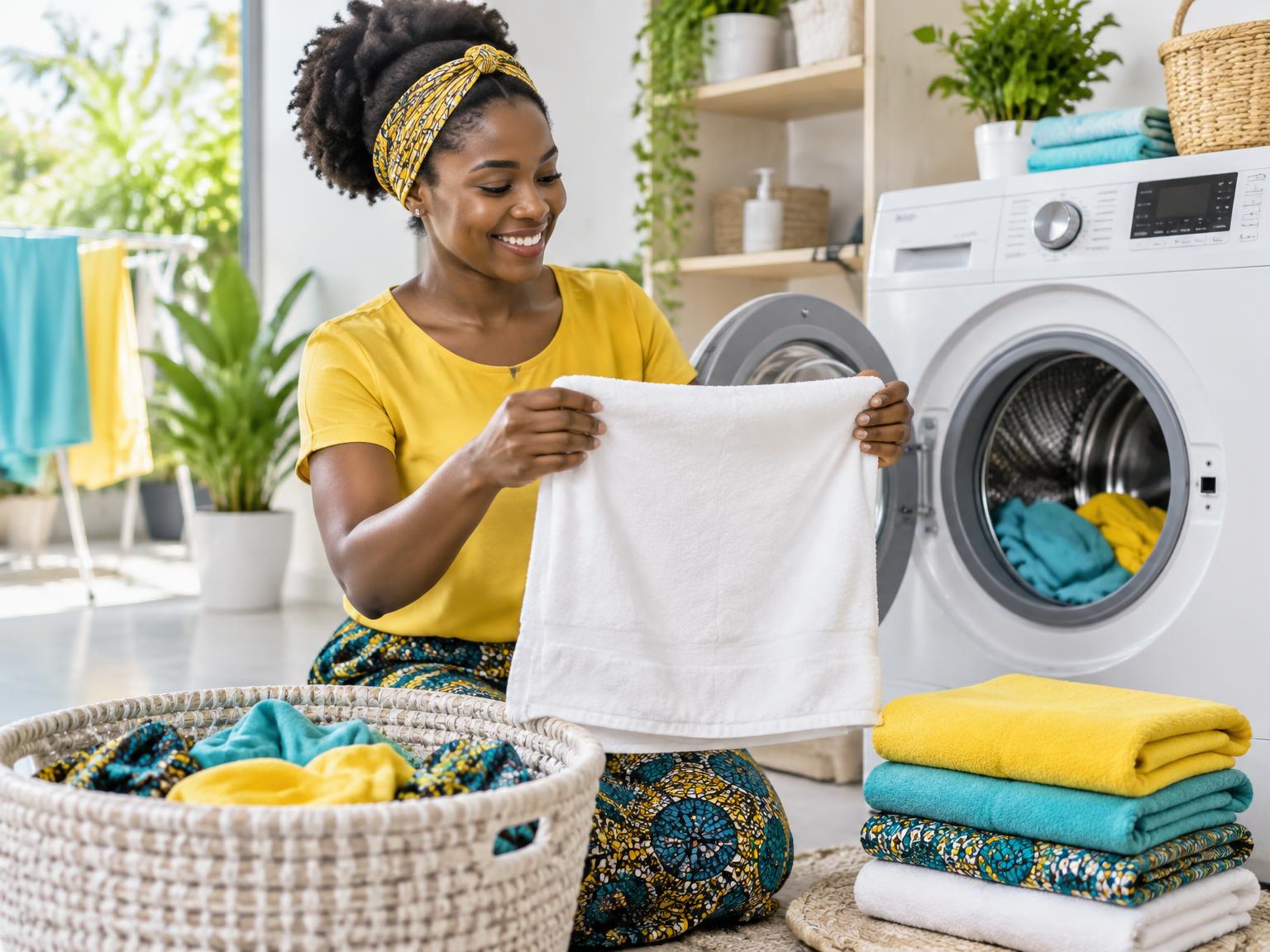 African woman folding freshly washed laundry beside a washing machine